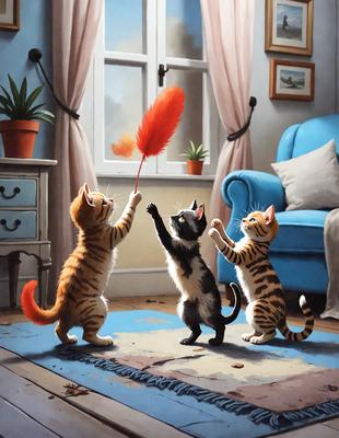 The primary subject of the image is a group of three cats playing with a red feather toy. They are standing on a blue rug, which serves as the setting for the scene. The visual style of the image is a digital art or illustration, with the cats depicted in a cartoon-like manner. The colors and mood of the image are lively and cheerful, with the red feather toy and the blue rug adding a sense of fun and playfulness to the scene.